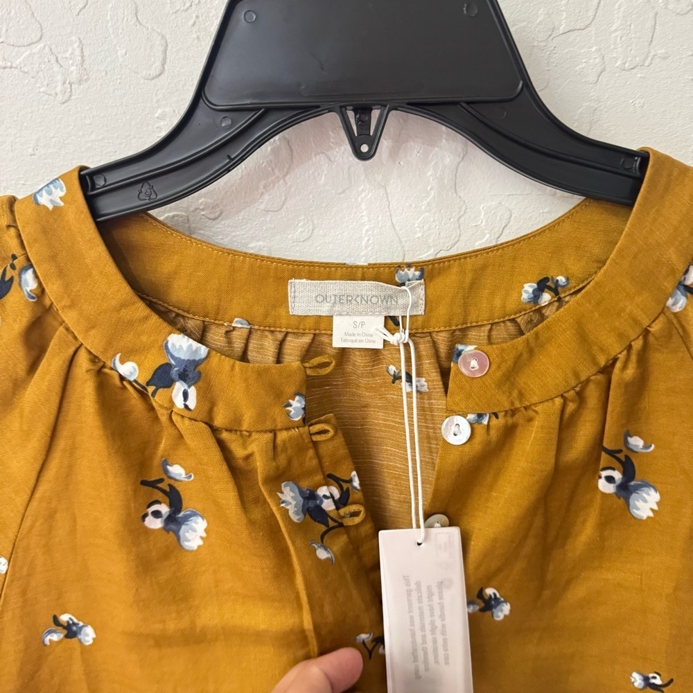 Outerknown Poet Blouse Mustard V Neck Button Waist Tie Floral Blouse S - Picture 4 of 7